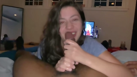 Horny brunette stepsister wants me to suck her big cock