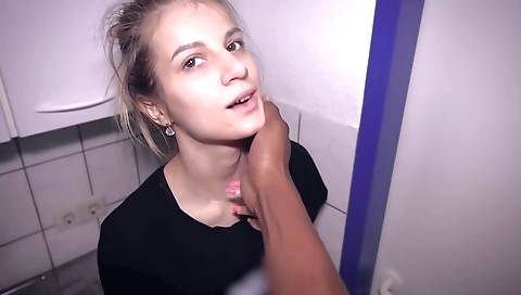 Horny blonde is showing off her body to the camera and sucking dick