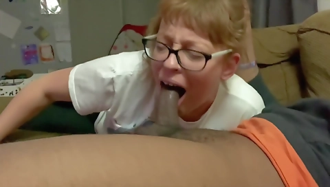 Red-haired blonde sucking and deepthroating old cock