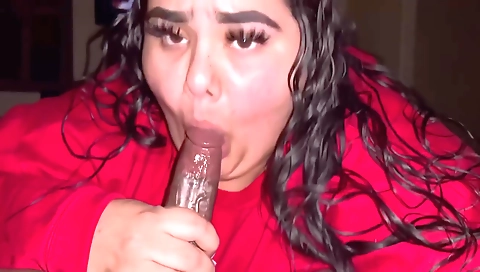 Ebony brunette sucks a big black cock in her mouth