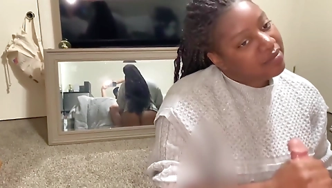 Bright ebony hottie sucks and rides white dick in g-string