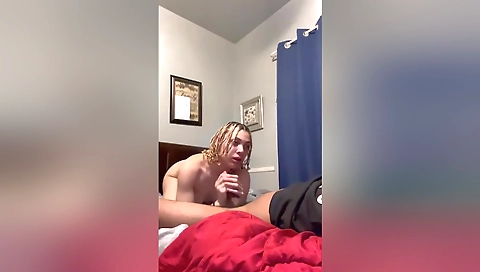 Blonde with sexy lingerie receives a huge cock in her mouth