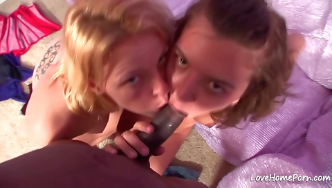 Hot brunette and blonde 18+ lesbian playing in the kitchen