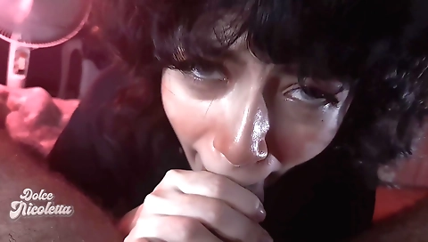 Brunette girl getting a deep throat fuck in the pov