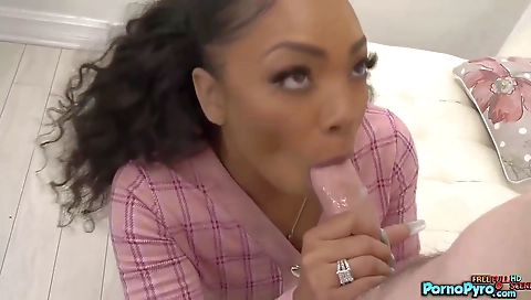 Brunette ebony beauties in black Realtor babe getting ready