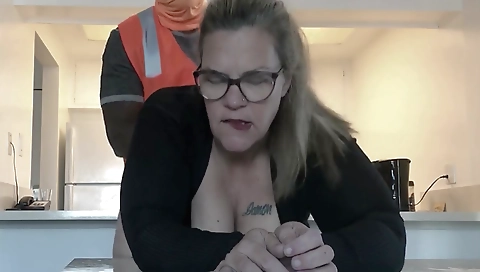Busty mature with big ass and big tits is in a construction job