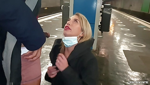 French blonde is having anal sex in the train station