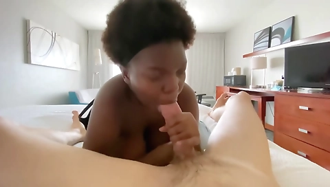 Ebony big cock babe deepthroats and rides a huge dick