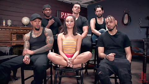 Busty brunette babe in sexy lingerie and a group anal