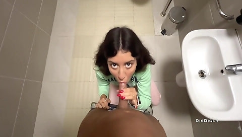 Brunette fuck and hot sex in public toilet in mall
