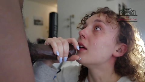 Brunette gets fingered in a sloppy deepthroat blowjob