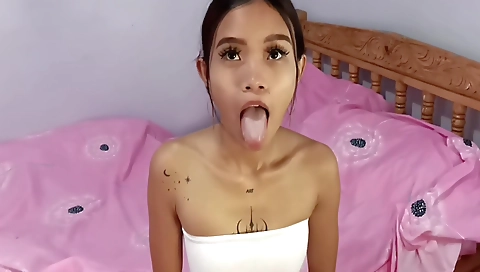 Busty asian brunette gets her white cock deep throated