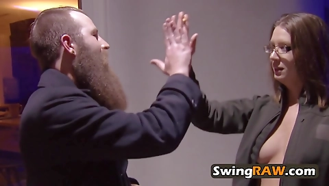 Ebony and brunette couple enjoy each other in a group sex