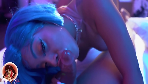 Ebony chick with a tattoo in her mouth is deepthroat