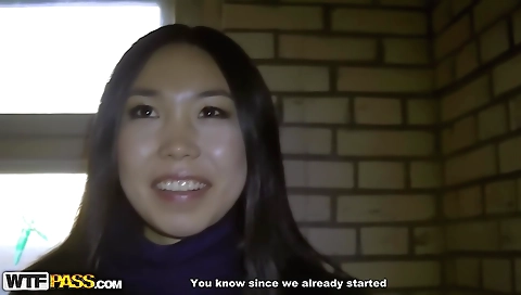 Asian brunette gets fucked in a backyard by a black man